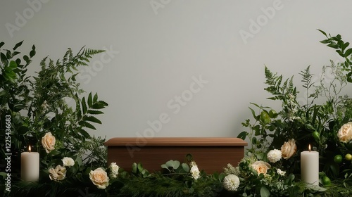 A funeral altar featuring a casket surrounded by floral sprays and candles, muted tones and respectful atmosphere