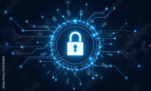 A cutting-edge digital safe, designed with a holographic lock icon at its center and surrounded by interconnected neon-blue nodes that radiate outwards in a futuristic pattern.
