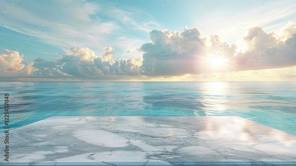 Marble table with ocean and sky backdrop for displaying products, Summer vacation theme Marble table with ocean and sky backdrop for displaying products, Summer vacation theme