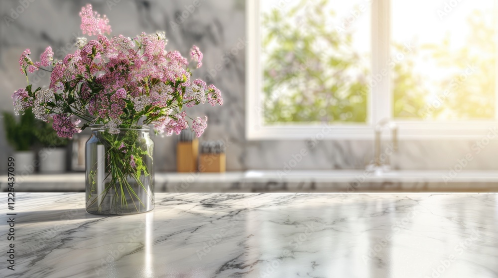 Fototapeta premium Marble table top on kitchen background for product showcase