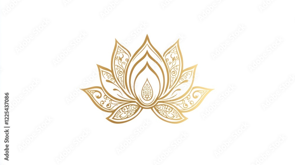 Obraz premium A simple gold lotus flower tattoo design on a white background, with delicate and intricate details. The design is in the shape of an emblem or badge.