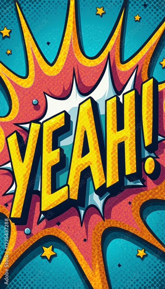 Fototapeta premium A dynamic and vibrant comic book explosion features the word YEAH in striking yellow letters, radiating energy and excitement. The colorful background, filled with stars and bursts, amplifies the