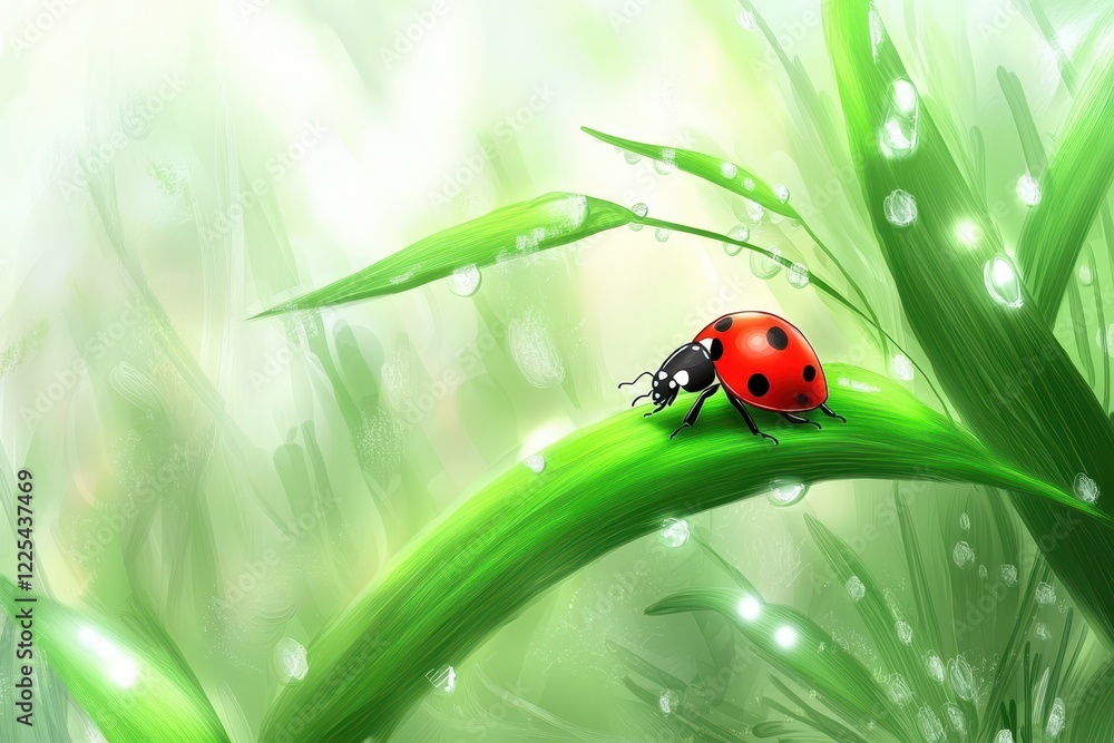 Ladybug on a Leaf A bright red ladybug crawling on a fresh green leaf with water droplets Ladybug on a Leaf A bright red ladybug crawling on a fresh green leaf with water droplets
