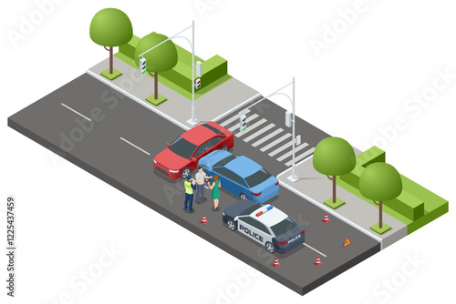 Car crash with two vehicles. Two cars collided at an intersection, with a police officer mediating between drivers. The scene includes a pedestrian crossing, traffic lights, and roadside greenery.