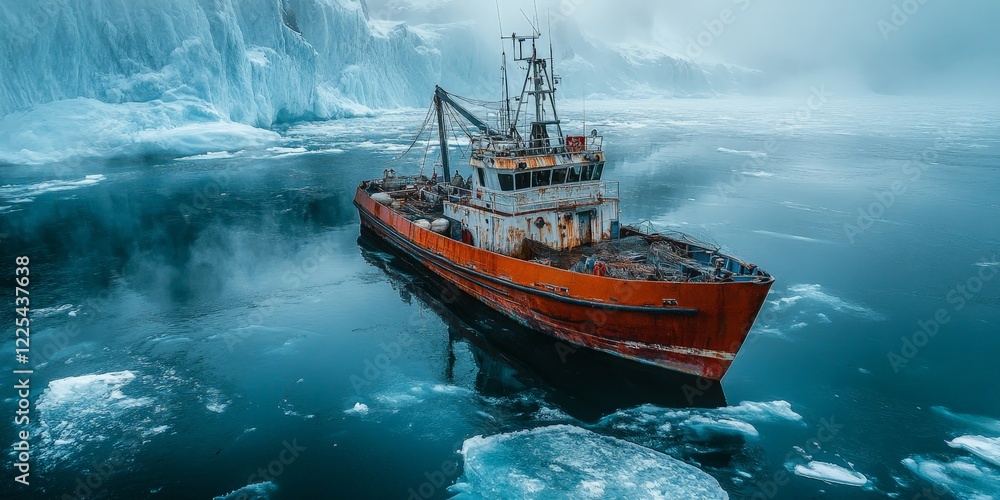 Fototapeta premium Fishing boats above vibrant marine life, illustrating marine industry, sustainability, and adventure.