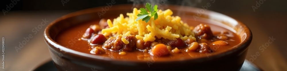 Warm and comforting bowl of chili with crunchy toppings and melted cheese, bean, steam, ground meat Warm and comforting bowl of chili with crunchy toppings and melted cheese, bean, steam, ground meat