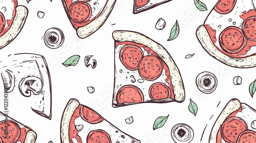 Delicious Pizza Doodle Seamless Pattern Vector Outline Design