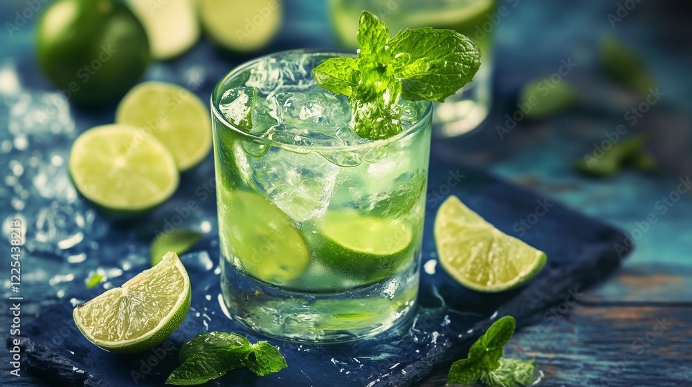 Fototapeta premium A glass of limeade with a sprig of mint on top