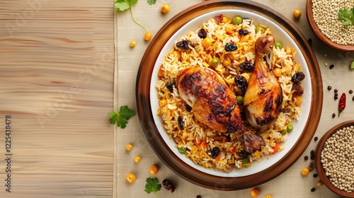 Overhead Shot of Kebuli Rice with Roasted Chicken and Raisin on Cream Background, Wooden Table with Room for Text photo