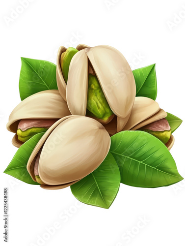 Isolated Group of Opened Pistachio Nuts with Leaves