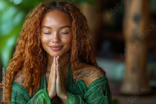Woman practicing morning meditation ritual in a peaceful setting