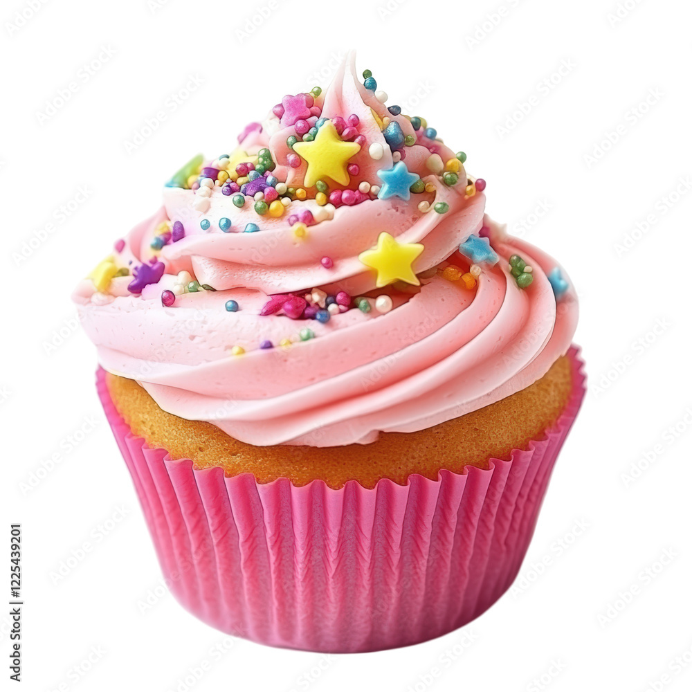 Isolated Cupcake with Pink Frosting and Star Confetti Isolated Cupcake with Pink Frosting and Star Confetti