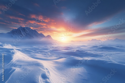 Snow patterns in polar desert with rising sun