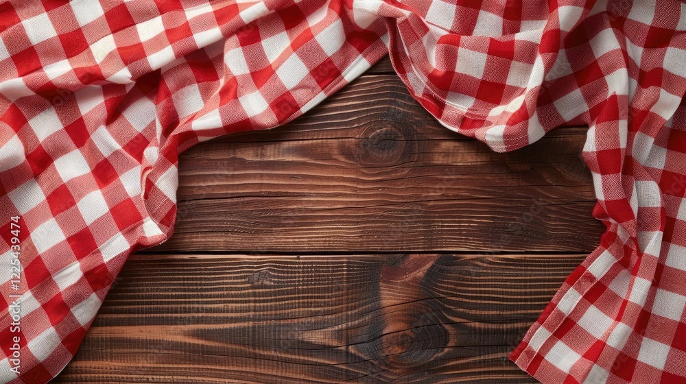 Obraz premium Red and white checkered fabric on wooden surface for food design and menu layout.