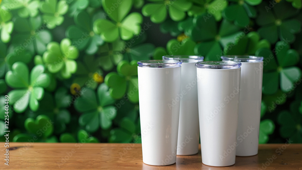 Elegant White Tumblers on Wooden Table with Clover Background: Perfect for St. Patrick's Day Promotions Elegant White Tumblers on Wooden Table with Clover Background: Perfect for St. Patrick's Day Promotions