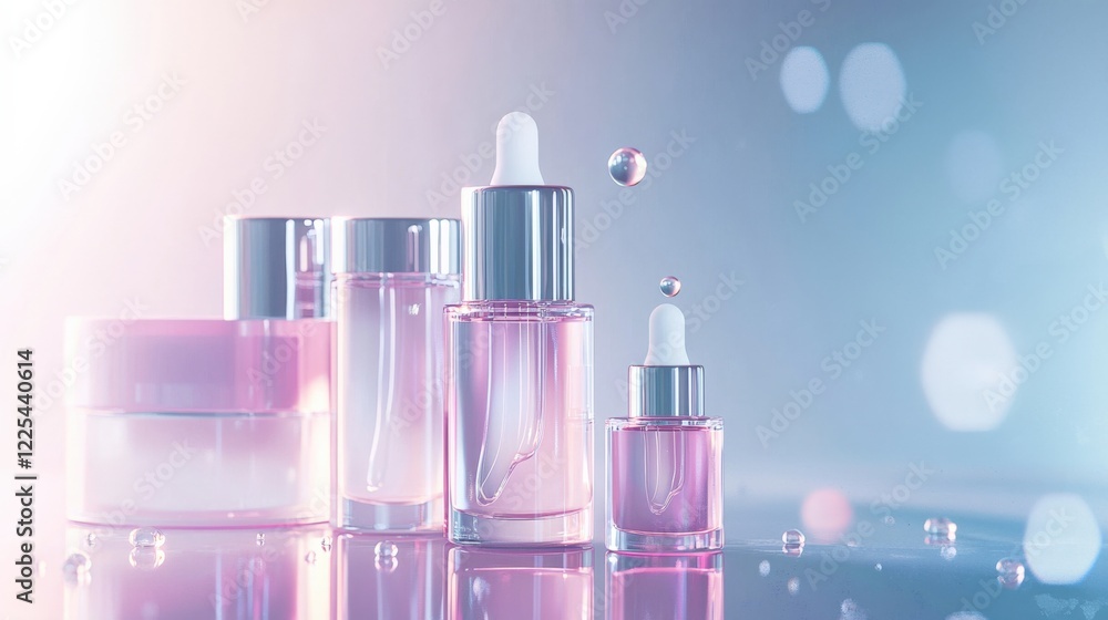 A modern skincare set featuring serum bottles, with a drop of serum falling from a glass dropper. Delicate lighting enhances the glow, set against a soft blurred background with subtle textures. A modern skincare set featuring serum bottles, with a drop of serum falling from a glass dropper. Delicate lighting enhances the glow, set against a soft blurred background with subtle textures.