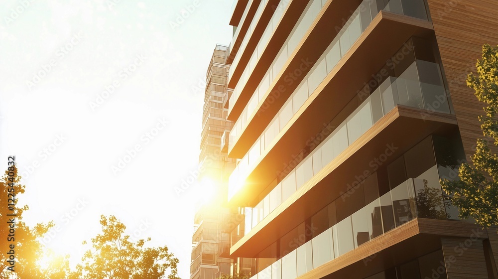 Fototapeta premium A tall building with a lot of windows and a sun shining on it