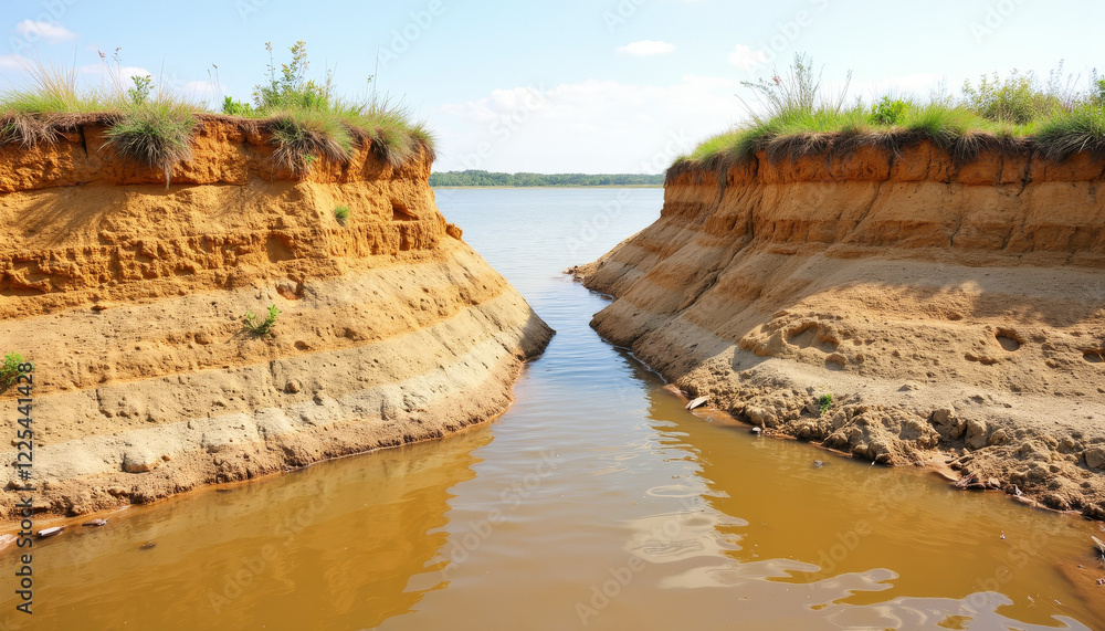 Fototapeta premium Riverbank erosion revealing soil layers under clear sky, environmental awareness