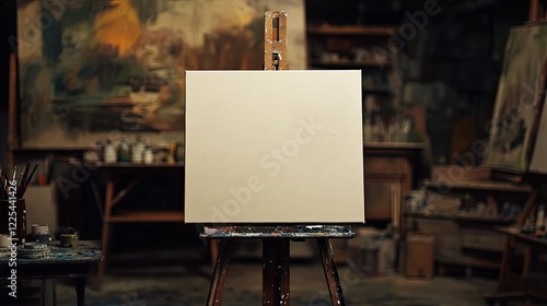 An empty canvas on an easel with a few brush strokes of paint in an art studio. The background shows blurred paintings photo