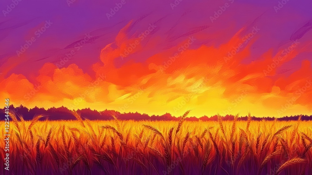 Fototapeta premium Golden Wheat Field Sunset Landscape Painting
