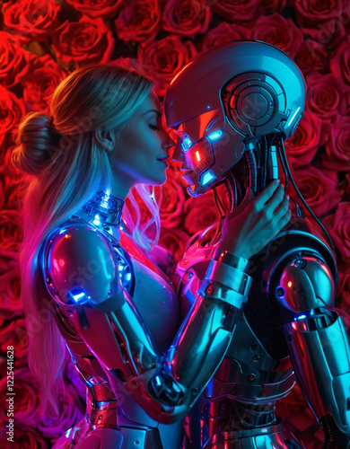 Close-up, intimate cyberpunk portrait of a humanoid robot and bionic woman with long blonde hair in metallic gown, embracing passionately against neon roses wall background. Sci-fi love, cyber romance