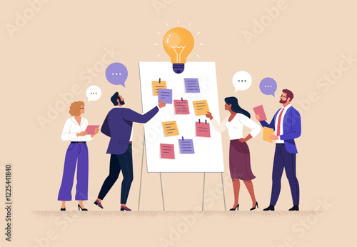 Business Workshop Concept. Vector cartoon illustration of a group of diverse people standing near a board with sticky notes and discussing an idea. Isolated on background.