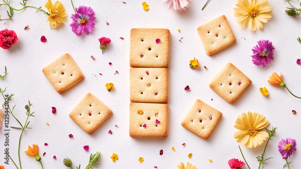 A domino cookie game setup with cookies as game pieces, surrounded by edible flowers, isolated on white background A domino cookie game setup with cookies as game pieces, surrounded by edible flowers, isolated on white background