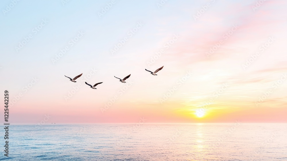 Fototapeta premium Four seagulls fly in formation over a calm ocean during a peaceful sunrise.