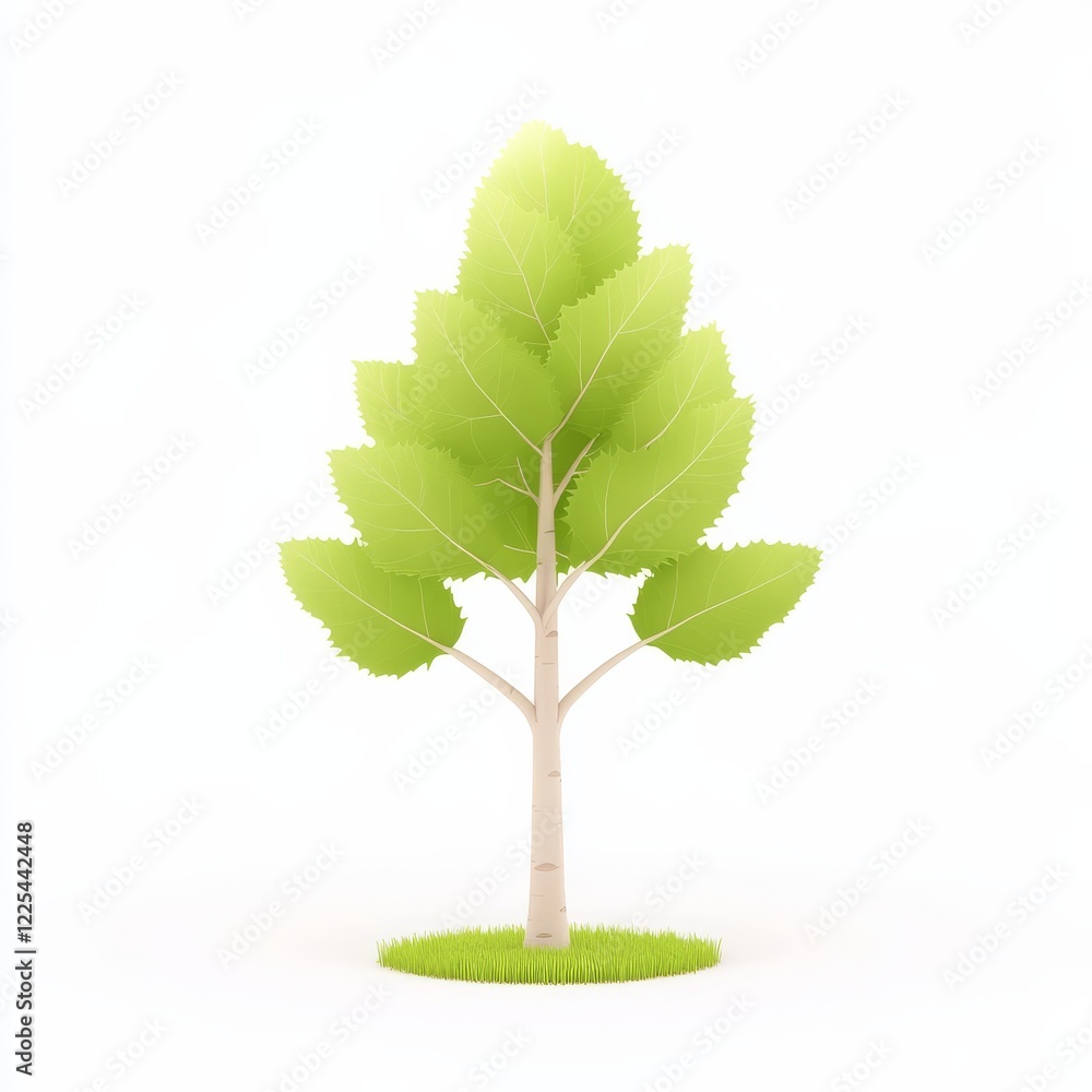 Fototapeta premium A simple green tree with a light trunk, surrounded by grass, set against a white background, symbolizing nature and growth.