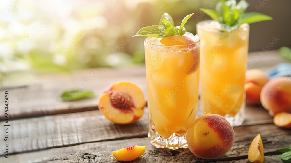 Fototapeta premium Trendy Peach Mocktail on Wooden Cafe Table