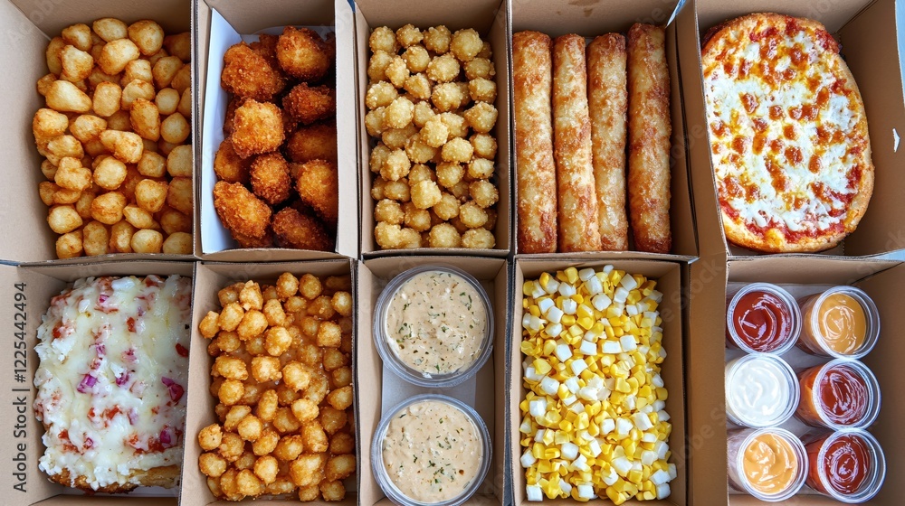 Variety of food in cardboard boxes including pizza tater tots sauces and corn ready to eat Variety of food in cardboard boxes including pizza tater tots sauces and corn ready to eat
