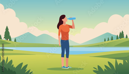 Vector illustration of a woman elegantly drinking water outdoors while walking or running