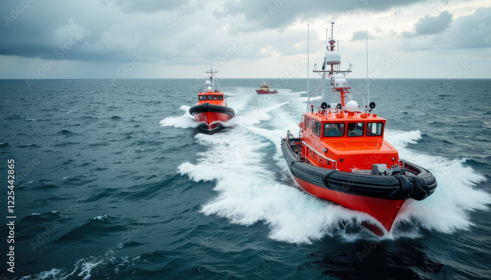Naklejka premium Rescue boats navigating choppy ocean waters under overcast skies, urgency
