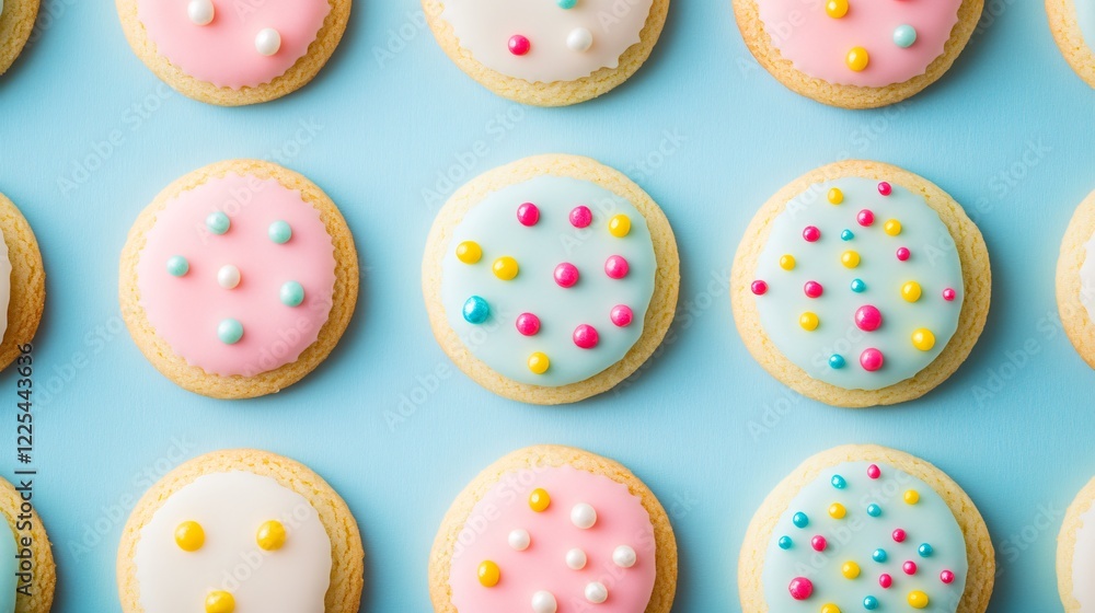 Obraz premium Cookies displayed in a checkerboard pattern, styled with colorful icing and sprinkles, isolated on a pastel blue background