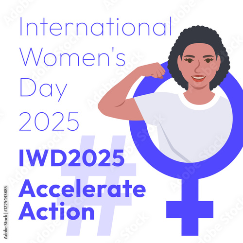 Accelerate Action campaign pose. International Women's Day 2025 square theme banner. Black woman demonstrates a strong arm to show solidarity and support for women's rights and gender equality.