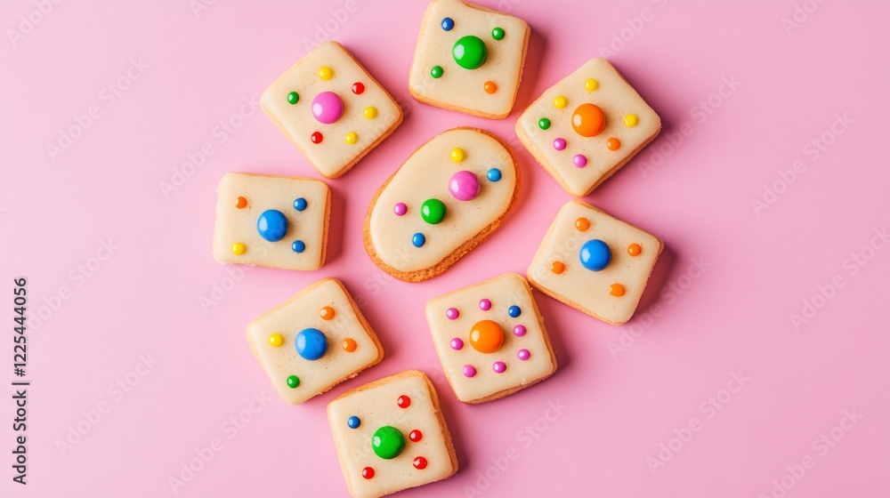 Cookies shaped like dominos with colorful candy dots, displayed in a playful spiral pattern, isolated on pastel pink background