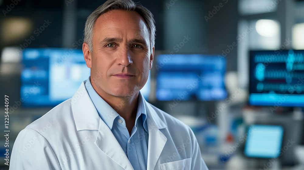 A middle-aged male doctor with a calm demeanor, dressed in a fitted white lab coat over a light blue shirt, standing in front of a blurred background of medical charts and high-tech monitors A middle-aged male doctor with a calm demeanor, dressed in a fitted white lab coat over a light blue shirt, standing in front of a blurred background of medical charts and high-tech monitors