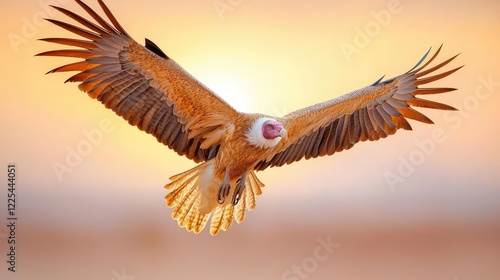 Hooded vulture in flight at sunset, African savanna background, wildlife photography for nature documentaries photo