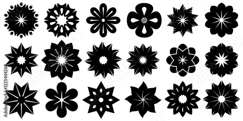 The black flower vector set features abstract floral design silhouettes and geometric patterns. It is ideal for decoration, logos, and design projects. Includes minimalist botanical elements