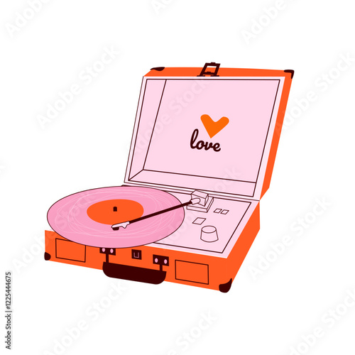 Retro styled vinyl record player turntable Vintage audio gramophone for music playing listening books Analog phonograph Flat vector illustration isolated on white background. Happy Valentine`s day
