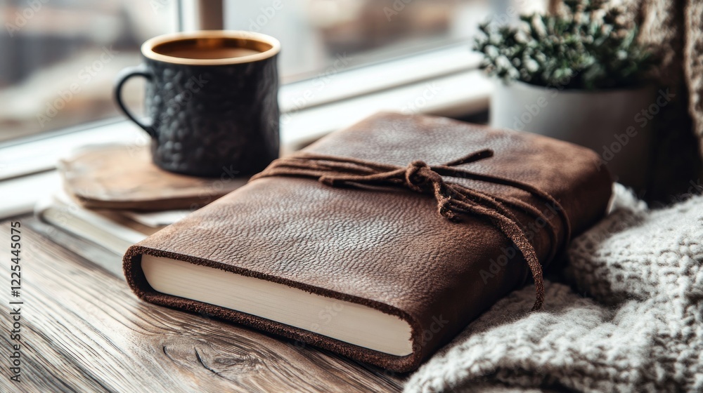 Leather Bound Journal Coffee Cozy Window Scene