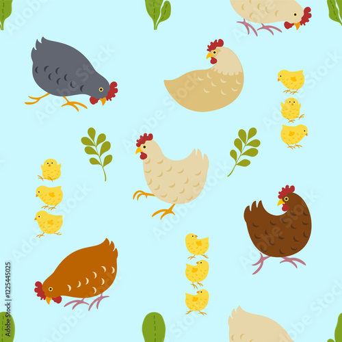 Vector illustration of a chicken, poultry, chick pattern, cute cartoon style. Seamless Pattern Traditional design patterns are used for fabrics, backgrounds, rugs, wallpaper, clothing, and pillowcases