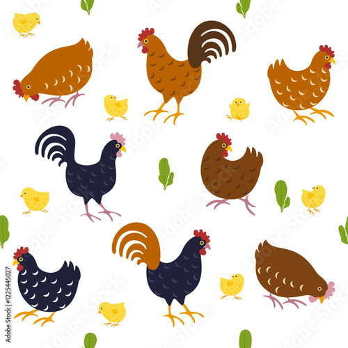 Vector illustration of a chicken, poultry, chick pattern, cute cartoon style. Seamless Pattern Traditional design patterns are used for fabrics, backgrounds, rugs, wallpaper, clothing, and pillowcases