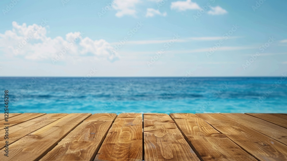 Fototapeta premium Wooden table and empty table against a sea backdrop for product display with space for text.