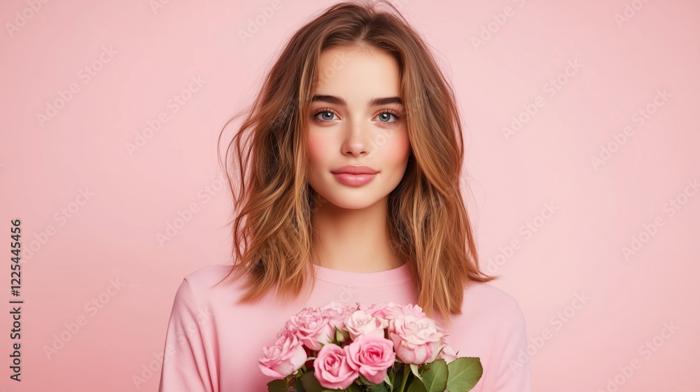 Young woman in a pastel dress surrounded by pink roses in a spring setting with soft colors Young woman in a pastel dress surrounded by pink roses in a spring setting with soft colors