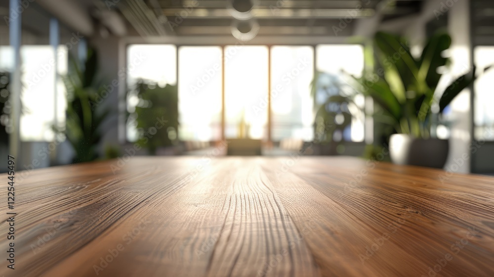 Wooden Table in Office Hall with Copy Space for Product Advertisement Wooden Table in Office Hall with Copy Space for Product Advertisement