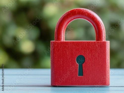 Red padlock on a blue wooden table, symbolizing security, safety, protection, and privacy in a blurred green background setting photo