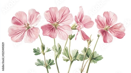 Vintage illustration of geranium flowers, in a pastel color tone, isolated on a white background.