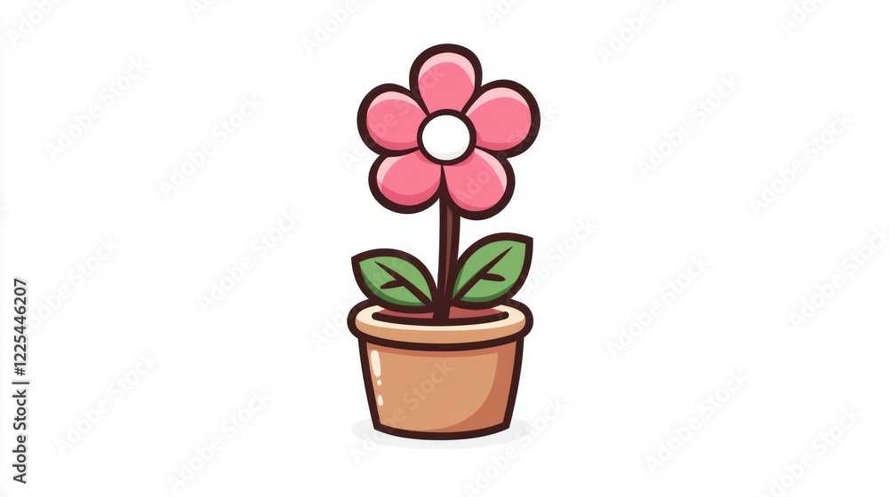 Flower in a pot, a simple flat icon design, vector illustration, white background, no shadow on the ground, cute style, simple lines, minimalist, a pink flower with green leaves and a brown wooden pot Flower in a pot, a simple flat icon design, vector illustration, white background, no shadow on the ground, cute style, simple lines, minimalist, a pink flower with green leaves and a brown wooden pot
