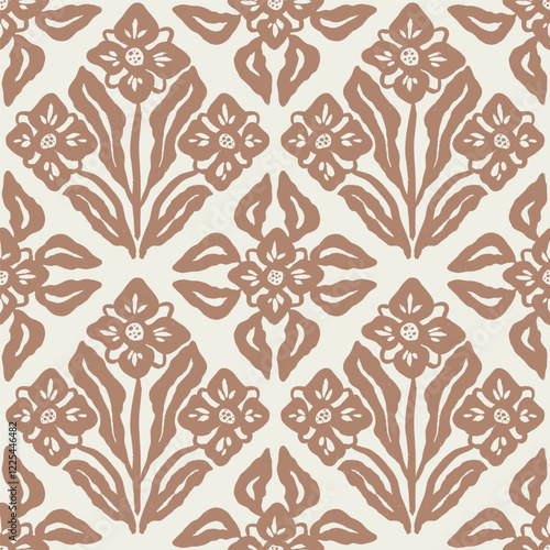 Inky brush strokes brown flowers seamless pattern damask style. Abstract modern floral background. Textured botanical minimalist wallpaper